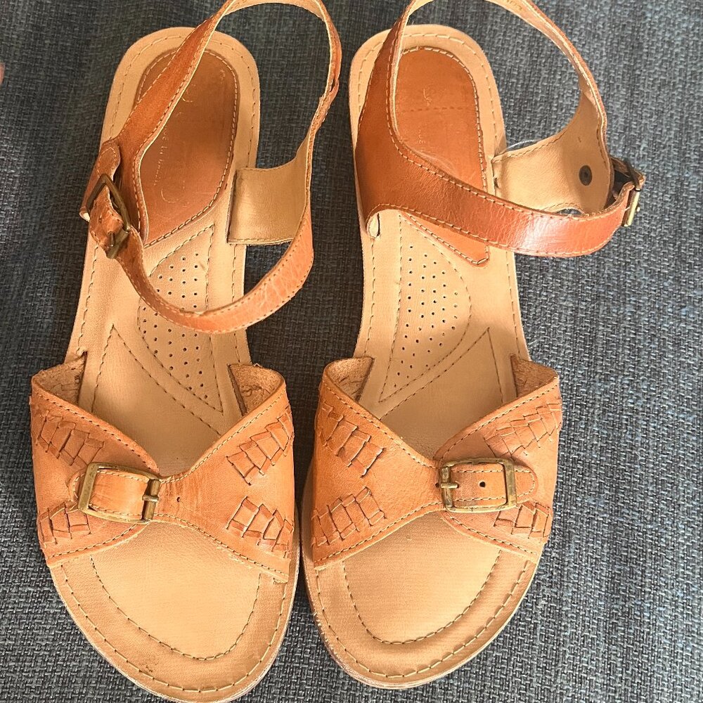 Vintage 1970s Rapallo Leather Sandals Wood Heel Women's Size 8